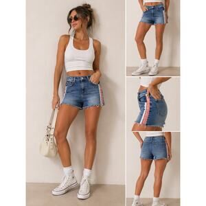 Mango Striped Side Denim Shorts Womens 6 Y2K Festival Frayed Hem